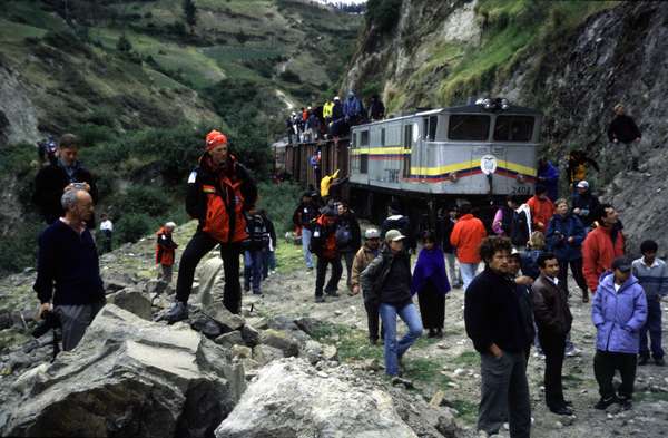 photo of Ecuador, Andes altiplano, around Cuenca, on the roof of the train ride Riobamba - Alausi, waiting for the tracks to be cleared after a rock has fallen down