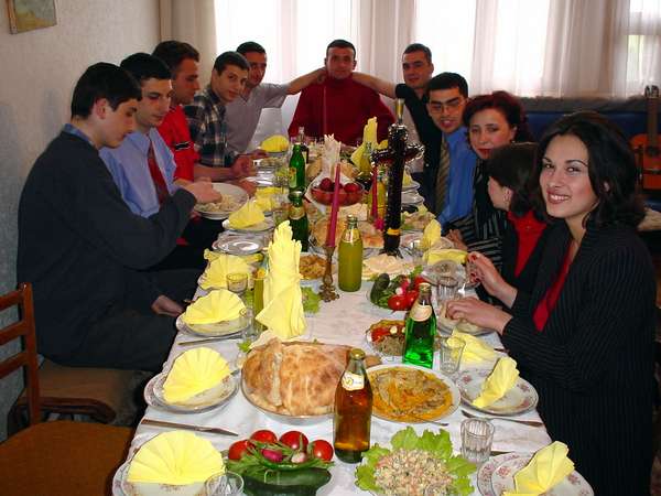 photo of Republic of Georgia, Tbilisi, ready for the keipe for the birthday of one of the friends. A huge amount of typical Georgian dishes has been prepared and 15 glasses wine will be emptied after speeches of the Tamada, the toastmaster