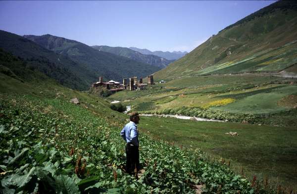 photo of Republic of Georgia, Svaneti, view of the mountainous landscape and the tower houses of Ushguli