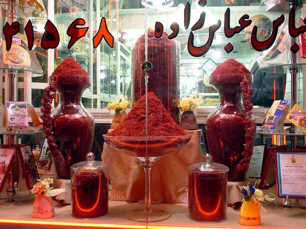 photo of Iran, Mashad, shop window selling huge amounts of saffran