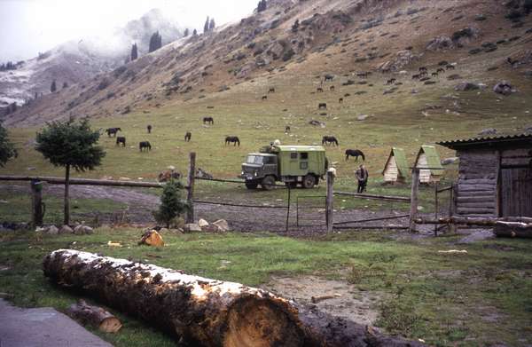 photo of Kyrgyzstan, around Karakol, farm, truck, horses and camp at Altyn Arashan kurort spa