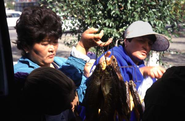 photo of Kyrgyzstan, Issyk-Kul lake, women selling dried fish along the road from Bishkek to Karakol