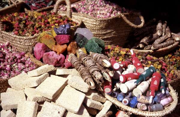 photo of Morocco, Marrakesh, traditional cosmetics in berber "pharmacy" in the covered market (suq, souq)