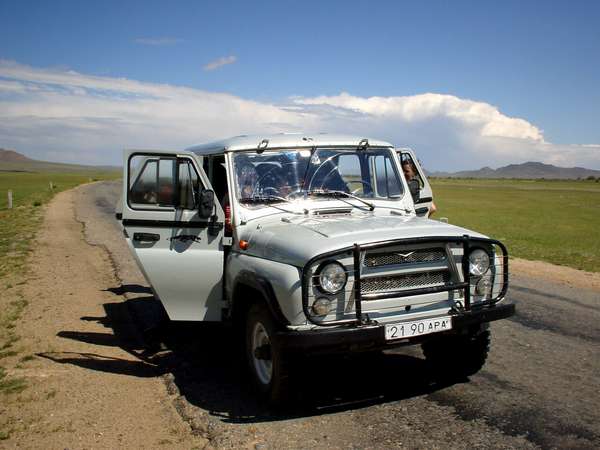 photo of Mongolia, along the road to Karakorum, white Russian UAZ jeep