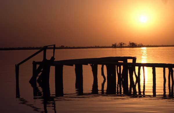 photo of Senegal, Sine Saloum delta, sunset and reflections of a wooden pier