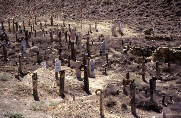 photo of Turkmenistan, South Western mountains, Nochur, pagan cemetery with graves with goat horns