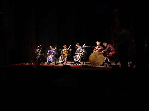 photo of Tuva, Kyzyl, theatre, performance of Tuvan musicians at the Dembildei 2002 Khoomei (overtone throat singing festival)