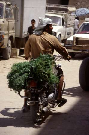 photo of South Yemen, Al Mukalla, Yemeni man transporting qat (khat, kat) on a motorcycle