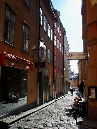 photo of Sweden, central Stockholm, cobbled street in Gamla Stan, Stockholms medieval Old Town