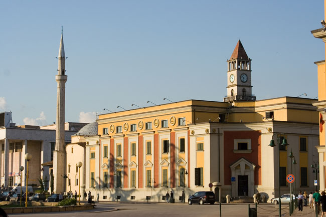 Albania photo of Tirana: Ethem Bey mosque on Sheshi Skënderbej (Skanderbeg square) and clock tower (Kulla e Sahatit) in central Tirana city. 