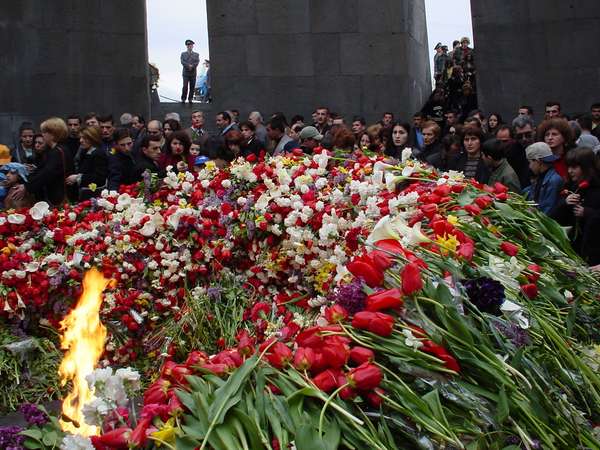 photo of Central Armenia, Yerevan, thousands of flowers around the flame inside the Genocide monument, commemmorating on 24 april the Armenian genocide of 1915