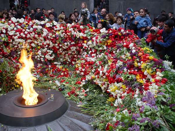 photo of Central Armenia, Yerevan, thousands of flowers around the flame inside the Genocide monument, commemmorating on 24 april the Armenian genocide of 1915