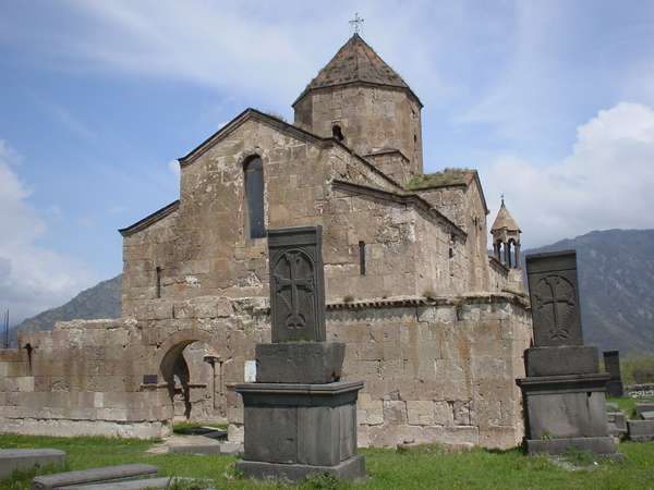 photo of North Armenia, Lori region, around Alaverdi, Odzun monastery with two typical Armenian khachkar crosses