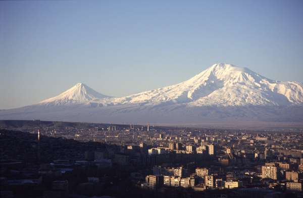 photo of Central Armenia, Yerevan, view of the holy Ararat mountain (5165m), rising up in the early morning above the skyline of Yerevan