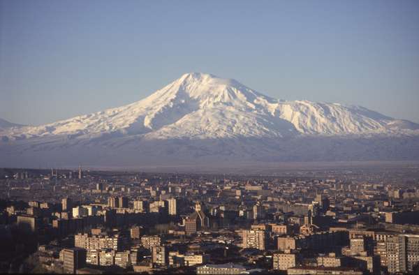 photo of Central Armenia, Yerevan, view of the holy Ararat mountain (5165m), rising up in the early morning above the skyline of Yerevan