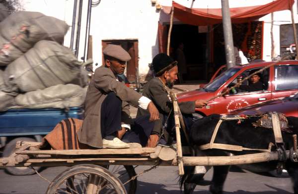 photo of China, Xinjiang province (East Turkestan), Kashi, Uygur peasants with horse (or donkey) and carriage on their way to the huge Kashgar Sunday market where more than 150.000 salesmen and buyers find each other