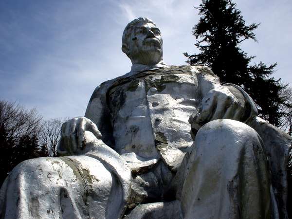 photo of Republic of Georgia, Racha, around Oni, silver statue of Stalin in the garden park of the Shovi (Showshi) Kurort, a huge but run down mountain holiday resort close to the mamisioni pass on the border with the Russian Northern Caucasus