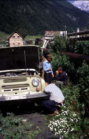 photo of Republic of Georgia, Svaneti, welding on a UAZ jeep in difficult conditions, along the very rough mountain road from Ushguli to Melle