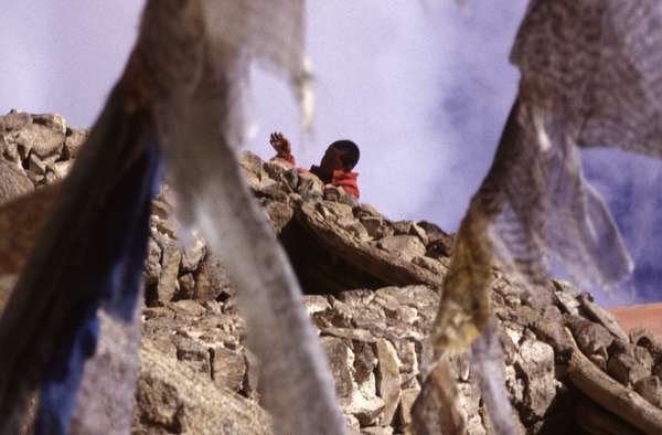 photo of India, Ladakh, Leh, child studying for buddhist monk behind buddhist prayer flags