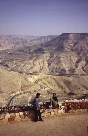photo of Jordan, mountain landscape and souvenir shop along the King’s Highway from Amman to Aqaba