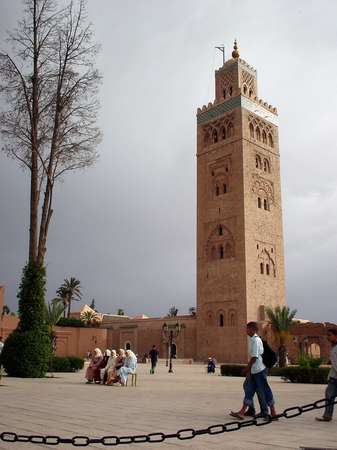 photo of Morocco, Marrakech,  Al Koutoubia Mosque, landmark of the city, it was named after the souk el koutoubiyyin, the bazaar of the book-traders