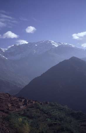 photo of Morocco, high Atlas, around Toubkal, berber village and mountain view