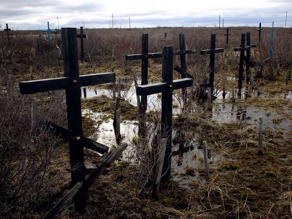 photo of Russia's Far North, around Vorkuta, wooden crosses of German prisoners of the Gulag. Vorkuta had one of the infamous prison camps of the Soviet Union