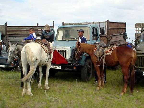 photo of Tuva, around Kyzyl, horses and an old truck on a field, ready for the horse racing competition