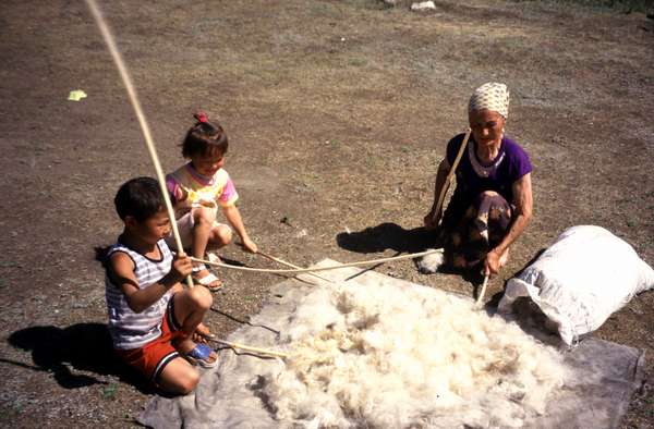 photo of Tuva, south of Kyzyl, around Erzin, around Moren, old Tuvan woman and children beating sheep wool outside her yurt (ger, nomadic tent)