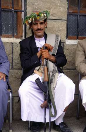 photo of Northern Yemen highlands, tiny village in the Hajar mountains, groom ready to get married in a traditional Yemeni wedding ceremony