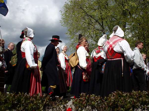 photo of Sweden, Stockholm, celebration of people from Hälsingland in traditional Swedish dress (folkdräkt); some of them walked the 500 km from Hälsingland, a traditional farming region in Central Sweden