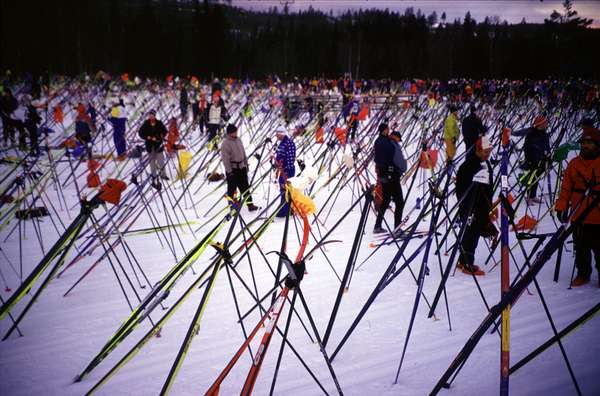 photo of Sweden, Sälen, beginning of march, -15°C, Vasaloppet, over 15.000 ski runners ready to leave for the 90 km of Cross Country Skiing between Sälen and Mora, a huge Swedish ski marathon since 1922, at the same time some 10.000 other skiers are participating in shorter runs