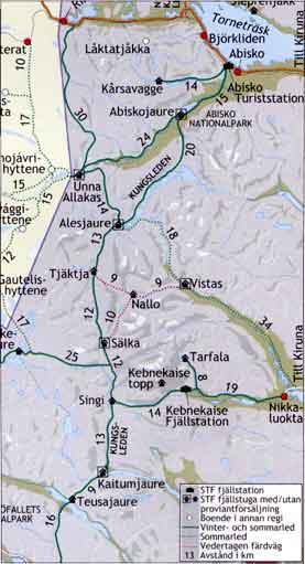 KLIK OP DE KAART voor een grotere map van Kungsleden etappe 1 Abisko - Kebnekaise en de wandelpaden en STF berghutten Abiskojaure, Alesjaure, Tjäktja, Sälka en Singi