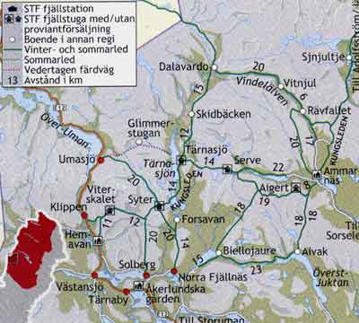 KLIK OP DE KAART voor een grotere map van Kungsleden etappe 4 Ammarnas - Hemavan en de wandelpaden en STF berghutten Tsielejakk, Vuonatjviken, Pieljekaise, Sjnjultje, Rävfallet, Aigert, Serve, Tärnasjö, Syter, Viterskalet