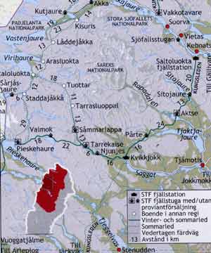 KLIK OP DE KAART voor een grotere map van Kungsleden etappe 3 Saltoluokta - Kvikkjokk en de wandelpaden en STF berghutten Sitojaure, Aktse en Parte