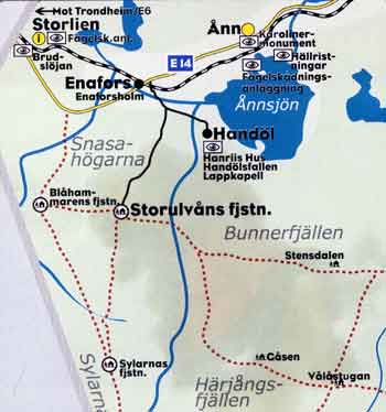 KLIK OP DE KAART VOOR EEN GROTERE KAART van Storulvan handöl storlien sylarna blahammaren are wandelgebied kaart map trekking wandelen trektochten