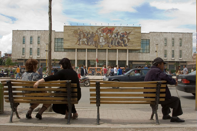 Albania photo of Tirana: mosaic mural on Sheshi Skënderbej (Skanderbeg square), facade of the national museum of history. The mural entitled Albania shows Albanians victorious from Illyrian times to World War II 