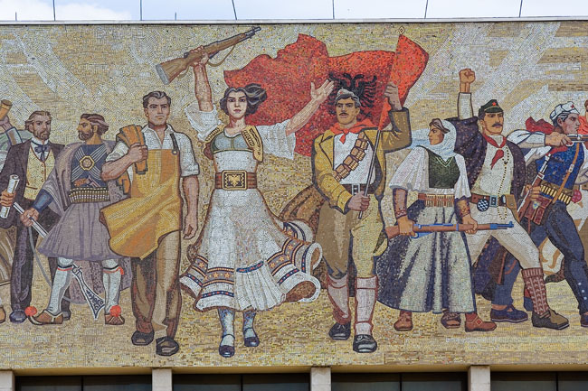 Albania photo of Tirana: mosaic mural on Sheshi Skënderbej (Skanderbeg square), facade of the national museum of history. The mural entitled Albania shows Albanians victorious from Illyrian times to World War II 