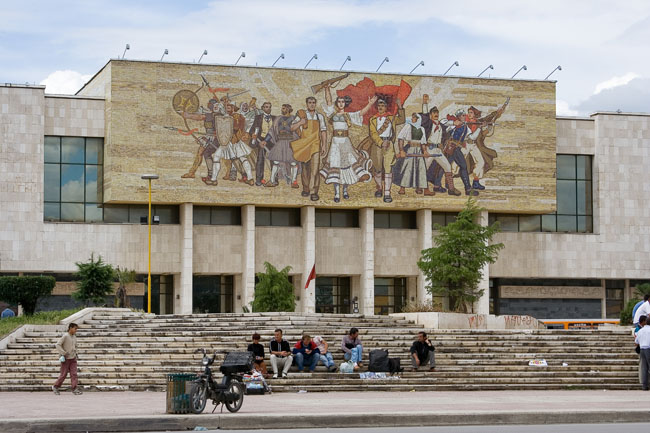 Albania photo of Tirana: mosaic mural on Sheshi Skënderbej (Skanderbeg square), facade of the national museum of history. The mural entitled Albania shows Albanians victorious from Illyrian times to World War II 