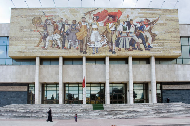 Albania photo of Tirana: mosaic mural on Sheshi Skënderbej (Skanderbeg square), facade of the national museum of history. The mural entitled Albania shows Albanians victorious from Illyrian times to World War II 