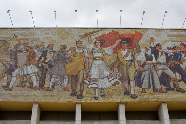 Albania photo of Tirana: mosaic mural on Sheshi Skënderbej (Skanderbeg square), facade of the national museum of history. The mural entitled Albania shows Albanians victorious from Illyrian times to World War II 