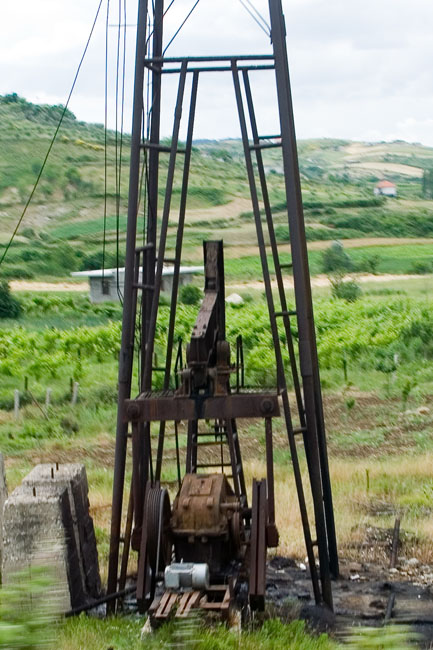 Albania photo around Fieri: Oil derrick, Petrol industry, Albanian Oil field. Albanian Ecology, environment, waste and pollution. 