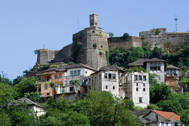 Albania photo: Gjirokastra (Gjirokaster), Citadel fortress castle, clock-tower, terrace, walls and fortifications. 