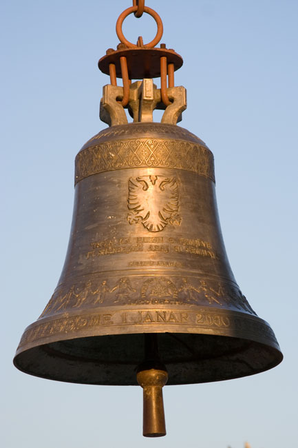 TIRANA, photo of the PEACE BELL, made in 1999 as a memorial to peace by the children of Shkoder. The metal comes from thousands of melted-down bullet cartridges, fired off during the lawless end of the 1990s in Albania.